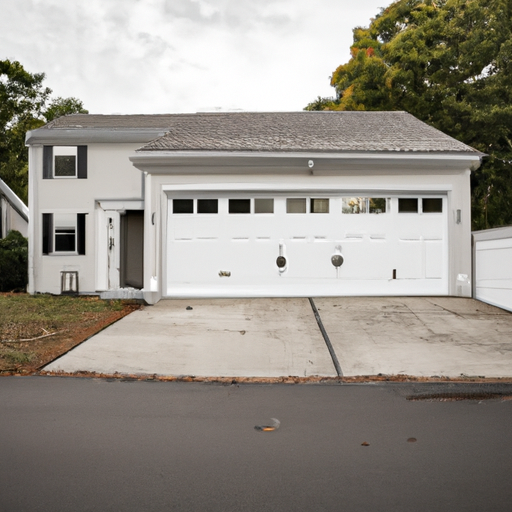 Suburban Tewksbury home with a visible garage door and driveway, late-afternoon light, no people.
