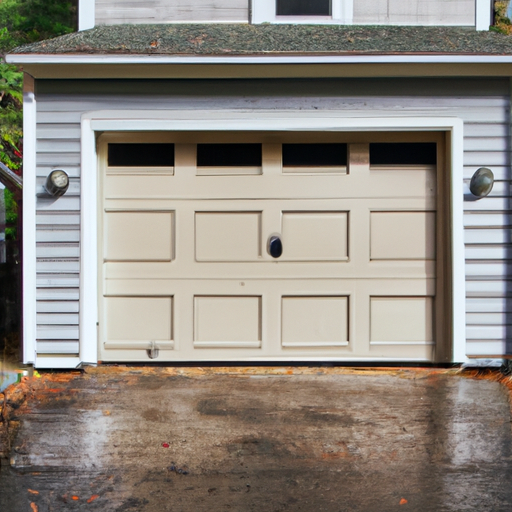 Suburban Tewksbury house with a modern paneled garage door and wet driveway after rain.