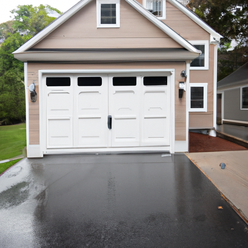 Suburban New England house in Tewksbury, MA with a visible modern sectional garage door on a wet driveway after rain.