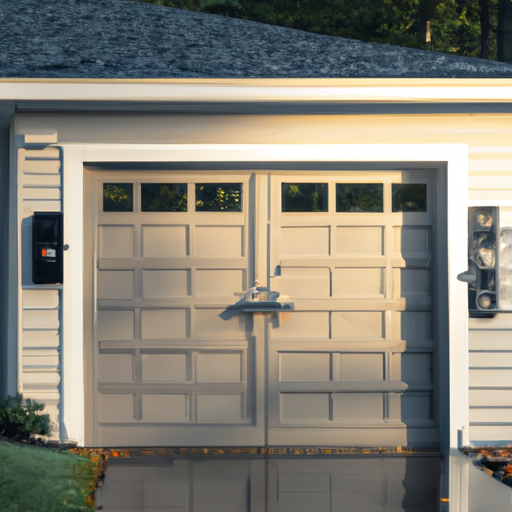 Suburban Tewksbury garage exterior with modern sectional door and smart keypad at dawn, wet driveway, soft light.