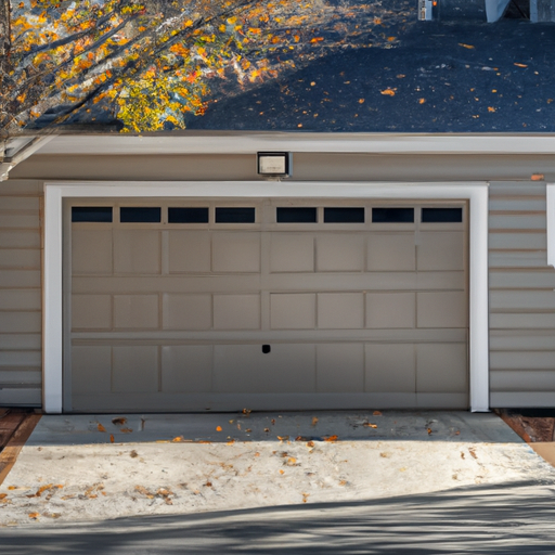 Exterior view of a suburban Tewksbury house with a closed sectional steel garage door and autumn surroundings.