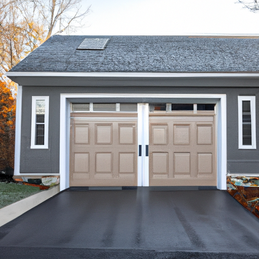 Suburban Tewksbury home with a modern garage door in late fall, light frost on driveway, no people.