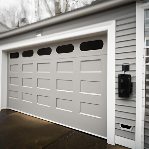 Modern sectional garage door with visible smart sensor module on a Tewksbury, MA driveway, overcast light