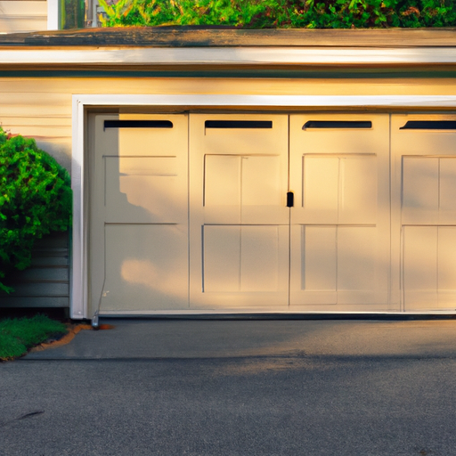 Sectional garage door on a suburban Tewksbury home at golden hour, showing door panels and weatherstripping.