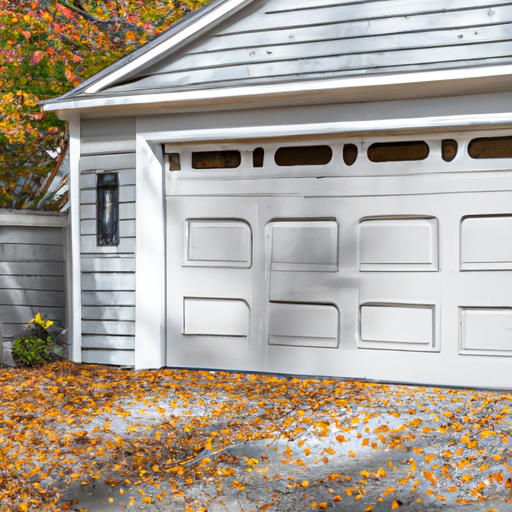 Suburban Tewksbury home exterior showing a full garage door, driveway, and late-fall foliage with visible door panels and hardware.
