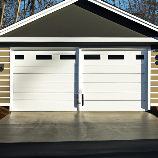 Suburban Tewksbury garage with modern insulated steel door, visible weather seals and light frost on driveway.