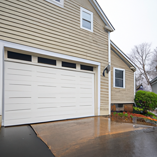 Suburban Tewksbury home with a raised-panel garage door partially open, overcast sky and wet driveway.
