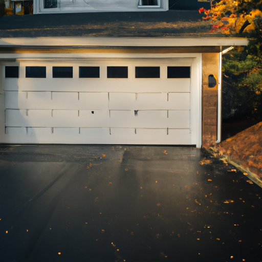 Suburban Tewksbury home garage door with new weatherstripping and visible sealed threshold at dusk.