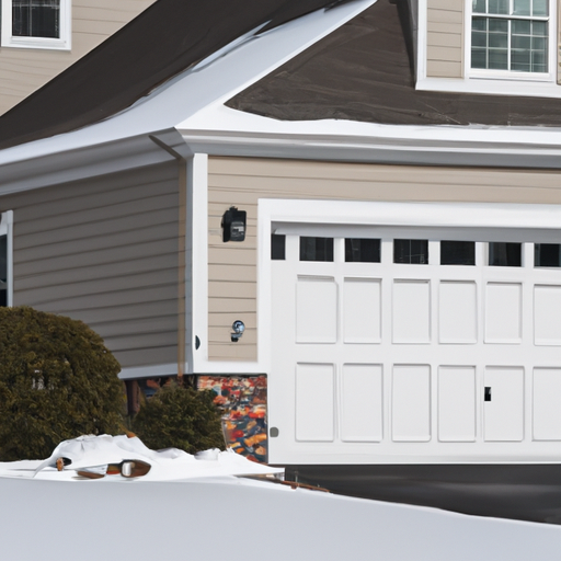 New insulated garage door on a suburban Tewksbury home with smart opener visible and light snow remnants nearby.
