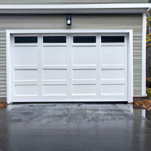 Suburban Tewksbury house with a closed modern sectional garage door on a wet autumn day, no people or logos visible.