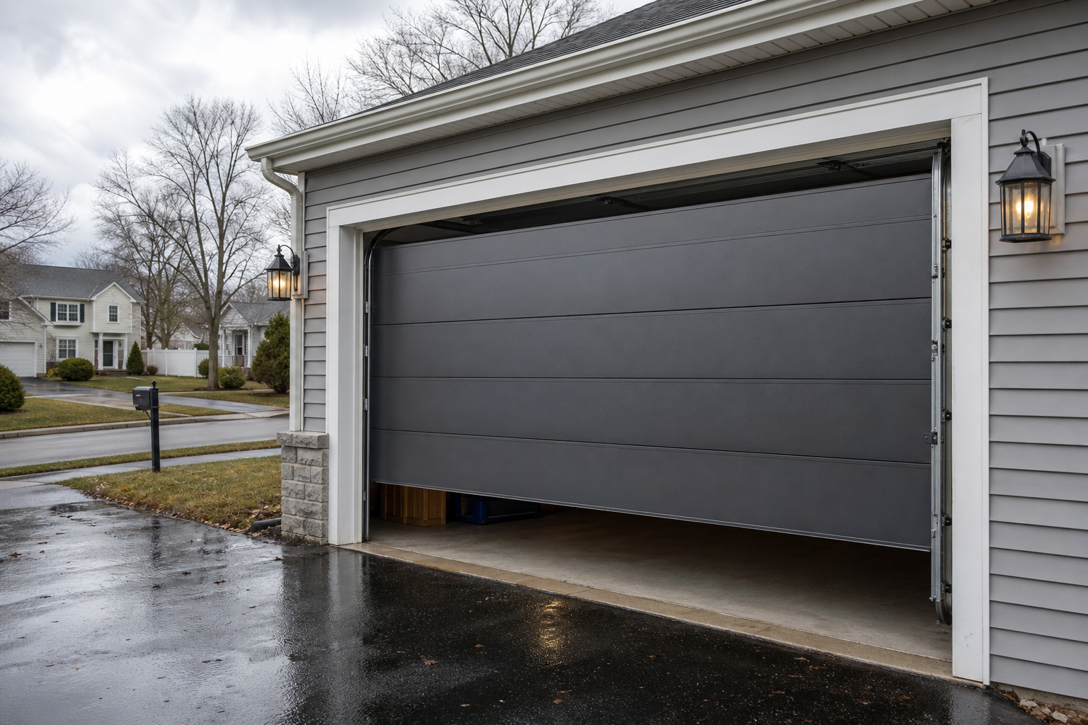 Suburban Tewksbury home showing a sectional garage door slightly ajar, hardware and tracks visible on a wet driveway.